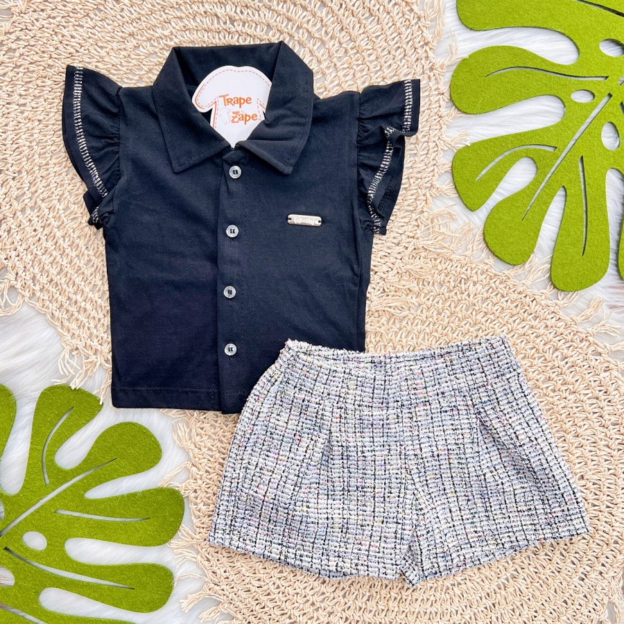 Conj. Camisa com Botões e Short Tweed - Preto